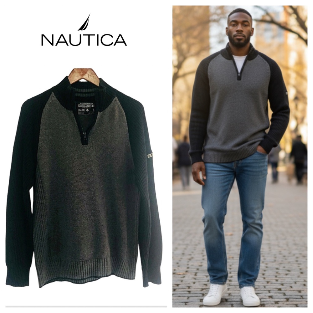 Vtg Nautica Sweater Pullover 1/4 1/2 Zip Black Gray Mens Large Colorblock